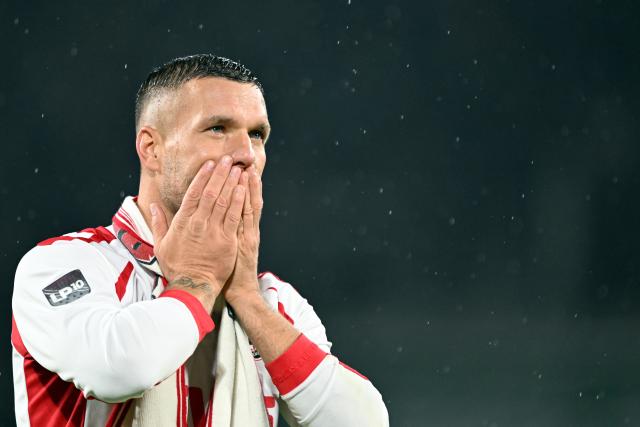 FILED - 10 October 2024, North Rhine-Westphalia, Cologne: Then Cologne's Lukas Podolski reacts during his farewell match at 1. FC Cologne. Germany's 2014 World Cup winner Lukas Podolski, 40, is expecting to retire after lifting the Polish Cup for the first time with Górnik Zabrze. Photo: Federico Gambarini/dpa