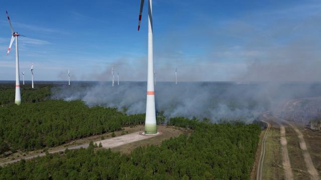 03 May 2026, Brandenburg, Jueterbog: Smoke rises from a wooded area near near Jueterbog, where a blaze has been burning on a former military training site contaminated with ammunition since Friday. Photo: Manuel Genolet/dpa