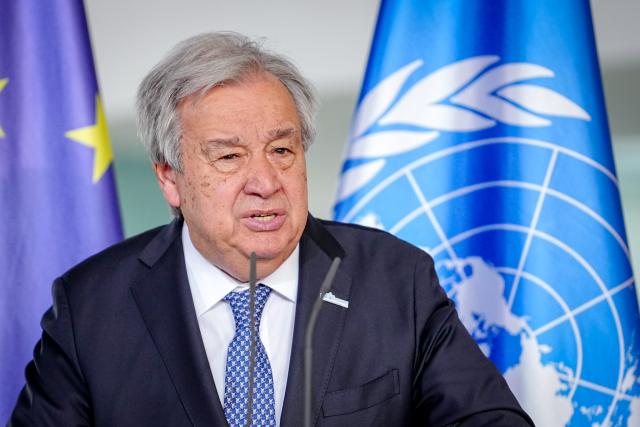 FILED - 14 May 2025, Berlin: FILE PHOTO - United Nations Secretary-General Antonio Guterres holds a press conference at the Federal Chancellery. Photo: Kay Nietfeld/dpa