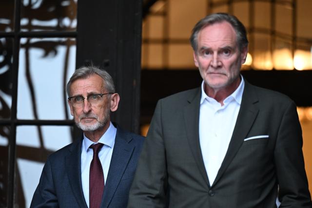04 May 2026, Saxony, Leipzig: Burkhard Jung (R), Mayor of Leipzig, and Armin Schuster , Leipzig's Minister of the Interior of Saxony, make a statement, after a car crashes into a group of people in Leipzig. Photo: Hendrik Schmidt/dpa