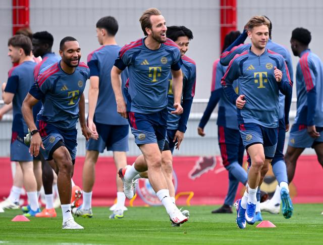 05 May 2026, Bavaria, Munich: (L-R) Bayern Munich's Jonathan Tah, Harry Kane and Joshua Kimmich in action during a training session at Saebener Strasse, ahead of the UEFA Champions League semifinal 2nd leg soccer match against Paris Saint-Germain. Photo: Sven Hoppe/dpa