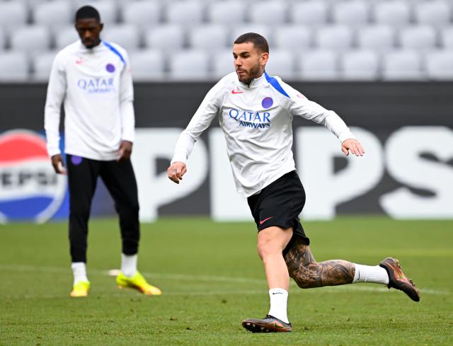 05 May 2026, Bavaria, Munich: Paris Saint-Germain's Ousmane Dembele (L) and Lucas Hernandez take part in the team's training session ahead of the UEFA Champions League semi-final second leg soccer match against Bayern Munich. Photo: Sven Hoppe/dpa