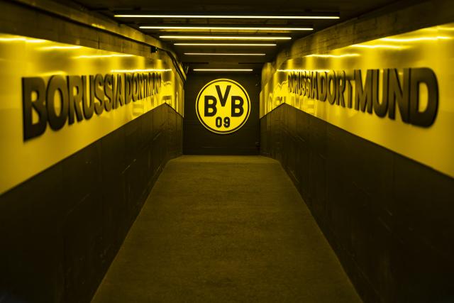 FILED - 02 December 2025, North Rhine-Westphalia, Dortmund: FILE PHOTO - A View of the players' tunnel and BVB logo ahead of the German DFB Cup round of 16 soccer match between Borussia Dortmund and Bayer Leverkusen at Signal Iduna Park. Photo: David Inderlied/dpa
