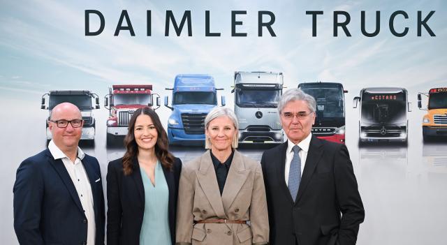 06 May 2026, Baden-Württemberg, Leinfelden-Echterdingen: Michael Brecht (from left), Deputy Chairman of the Supervisory Board of commercial vehicle manufacturer Daimler Truck, Eva Scherer, CFO of commercial vehicle manufacturer Daimler Truck, Joe Kaeser, Chairman of the Supervisory Board of commercial vehicle manufacturer Daimler Truck and Karin Radström, CEO of commercial vehicle manufacturer Daimler Truck, pictured before the Annual General Meeting at the company's headquarters. Photo: Bernd Weißbrod/dpa