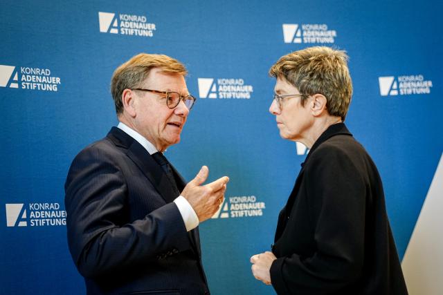 06 May 2026, Berlin: German Minister of Foreign Affairs Johann Wadephul (L) welcomed by President of the Konrad Adenauer Foundation Annegret Kramp-Karrenbauer at the Adenauer Conference on Germany's Role in International Politics, held at the Konrad Adenauer Foundation. Photo: Kay Nietfeld/dpa