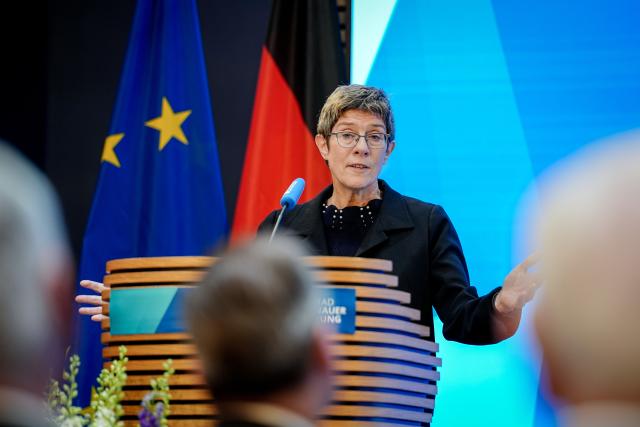 06 May 2026, Berlin: President of the Konrad Adenauer Foundation Annegret Kramp-Karrenbauer speaks at the Adenauer Conference on Germany's role in international politics, held at the Konrad Adenauer Foundation. Photo: Kay Nietfeld/dpa