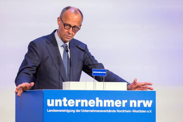 06 May 2026, North Rhine-Westphalia, Duesseldorf: German Chancellor Friedrich Merz speaks during the North Rhine-Westphalia (NRW) Entrepreneurs' Day at the Rheinterrassen. Around 550 entrepreneurs are expected to attend the annual Entrepreneurs' Day organized by the State Association of Business Associations NRW. Photo: Rolf Vennenbernd/dpa