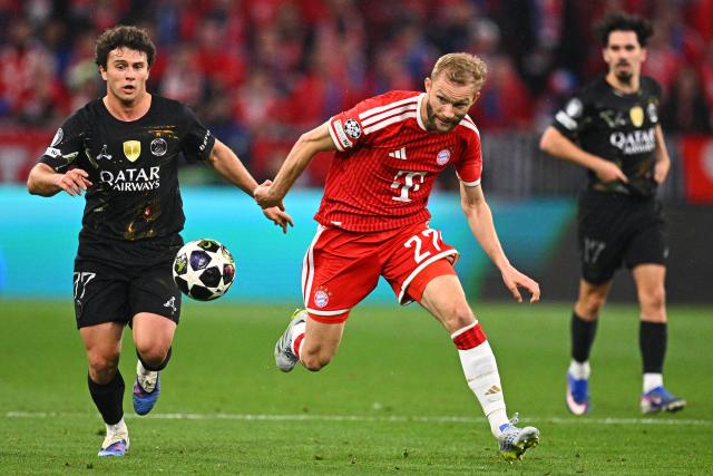 06 May 2026, Bavaria, Munich: Paris Saint-Germain's Joao Neves and Bayern Munich's Konrad Laimer (R) battle for the ball during the UEFA Champions League semi-final, second leg soccer match between Bayern Munich and Paris Saint-Germain at the Allianz Arena. Photo: Tom Weller/dpa