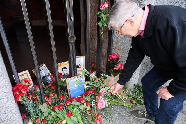 08 May 2026, Berlin: A Berlin resident lays carnations at the Soviet War Memorial in Treptower Park, commemorating the liberation from National Socialism. Photo: Annette Riedl/dpa