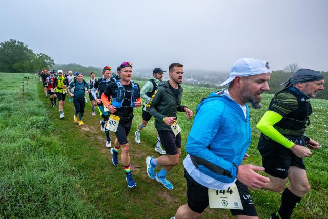 09 May 2026, Thuringia, Eisenach: Runners are seen shortly after the start of the supermarathon course near Eisenach during the 53rd GutsMuths Rennsteig Run in the Thuringian Forest. Featuring several courses, including the 73.9-kilometre supermarathon, the event is considered one of Europe's largest and most traditional cross-country races. Photo: Jacob Schröter/dpa