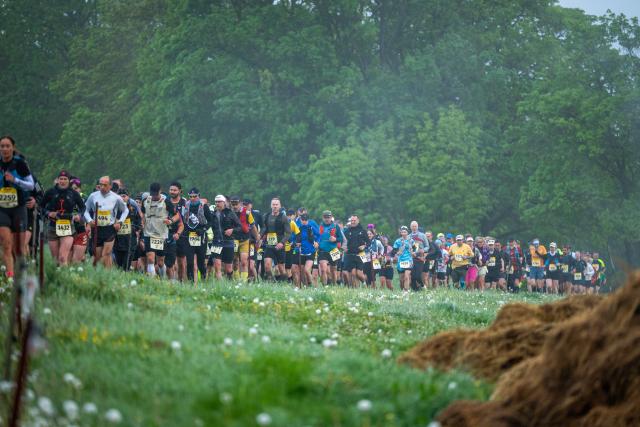 09 May 2026, Thuringia, Eisenach: Runners are seen shortly after the start of the supermarathon course near Eisenach during the 53rd GutsMuths Rennsteig Run in the Thuringian Forest. Featuring several courses, including the 73.9-kilometre supermarathon, the event is considered one of Europe's largest and most traditional cross-country races. Photo: Jacob Schröter/dpa