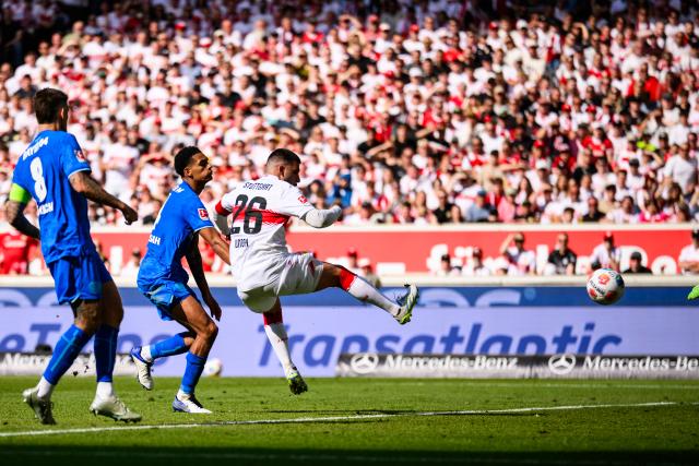 09 May 2026, Stuttgart: Stuttgart's Deniz Undav scores his side's third goal during the German Bundesliga soccer match between VfB Stuttgart and Bayer 04 Leverkusen at the MHPArena. Photo: Tom Weller/dpa - IMPORTANT NOTICE: DFL and DFB regulations prohibit any use of photographs as image sequences and/or quasi-video.