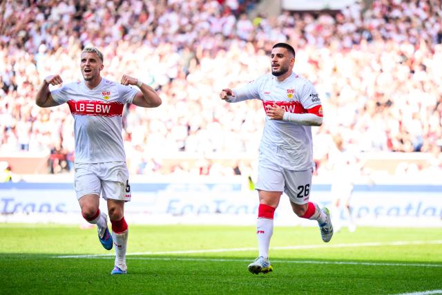 09 May 2026, Stuttgart: Stuttgart's Deniz Undav celebrates scoring his side's third goal during the German Bundesliga soccer match between VfB Stuttgart and Bayer 04 Leverkusen at the MHPArena. Photo: Tom Weller/dpa - IMPORTANT NOTICE: DFL and DFB regulations prohibit any use of photographs as image sequences and/or quasi-video.