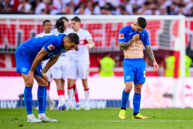 09 May 2026, Stuttgart: Bayer Leverkusen's Alex Grimaldo appears dejected after the German Bundesliga soccer match between VfB Stuttgart and Bayer 04 Leverkusen at the MHPArena. Photo: Tom Weller/dpa - IMPORTANT NOTICE: DFL and DFB regulations prohibit any use of photographs as image sequences and/or quasi-video.