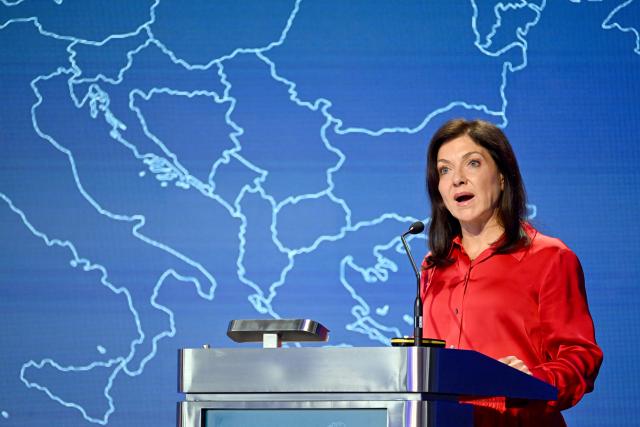 13 May 2026, North Rhine-Westphalia, Aachen: Katherina Reiche, German Minister of Economics, speaks at the Charlemagne Prize Forum. Photo: Federico Gambarini/dpa