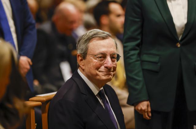 14 May 2026, North Rhine-Westphalia, Aachen: Mario Draghi, former President of the European Central Bank (ECB), attends the Pontifical Mass in Aachen Cathedral. Draghi will later be awarded the Charlemagne Prize 2026. Photo: Thomas Banneyer/dpa