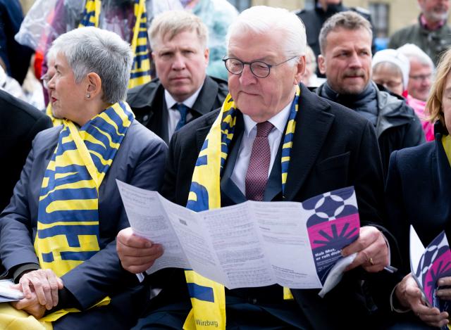 14 May 2026, Bavaria, Wuerzburg: German President Frank-Walter Steinmeier takes part in a service at Residenzplatz on the 104th German Catholic Day. Photo: Sven Hoppe/dpa - ATTENTION: editorial use only and only if the credit mentioned above is referenced in full