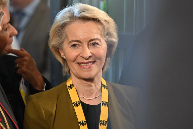 14 May 2026, North Rhine-Westphalia, Aachen: Ursula von der Leyen, President of the European Commission, sits on the podium at the Charlemagne Prize award ceremony in Aachen City Hall. Former President of the European Central Bank (ECB) Mario Draghi was awarded with the Charlemagne Prize. Photo: Henning Kaiser/dpa