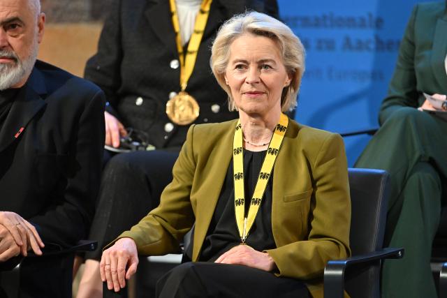 14 May 2026, North Rhine-Westphalia, Aachen: Ursula von der Leyen, President of the European Commission, sits on the podium at the Charlemagne Prize award ceremony in Aachen City Hall. Former President of the European Central Bank (ECB) Mario Draghi was awarded with the Charlemagne Prize. Photo: Henning Kaiser/dpa