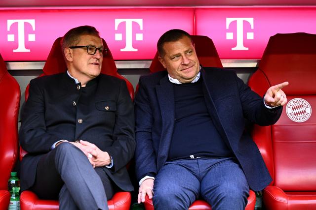 16 May 2026, Bavaria, Munich: Bayern Munich CEO Jan-Christian Dreesen and Sporting Director Max Eberl sit on the bench prior to the start of the German Bundesliga soccer match between Bayern Munich and 1. FC Cologne at Allianz Arena. Photo: Tom Weller/dpa - IMPORTANT NOTICE: DFL and DFB regulations prohibit any use of photographs as image sequences and/or quasi-video.