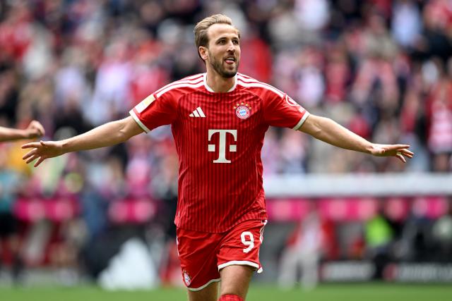 16 May 2026, Bavaria, Munich: Bayern Munich's Harry Kane celebrates scoring his side's second goal during the German Bundesliga soccer match between Bayern Munich and 1. FC Cologne at Allianz Arena. Photo: Sven Hoppe/dpa - IMPORTANT NOTICE: DFL and DFB regulations prohibit any use of photographs as image sequences and/or quasi-video.