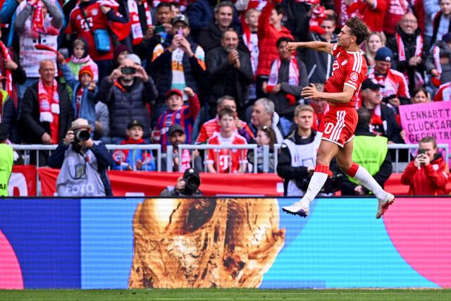 16 May 2026, Bavaria, Munich: Bayern Munich's Tom Bischof celebrates scoring his side's third goal during the German Bundesliga soccer match between Bayern Munich and 1. FC Cologne at Allianz Arena. Photo: Tom Weller/dpa - IMPORTANT NOTICE: DFL and DFB regulations prohibit any use of photographs as image sequences and/or quasi-video.