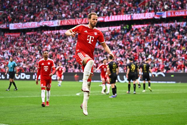 16 May 2026, Bavaria, Munich: Bayern Munich's Harry Kane celebrates scoring his side's fourth goal during the German Bundesliga soccer match between Bayern Munich and 1. FC Cologne at Allianz Arena. Photo: Tom Weller/dpa - IMPORTANT NOTICE: DFL and DFB regulations prohibit any use of photographs as image sequences and/or quasi-video.