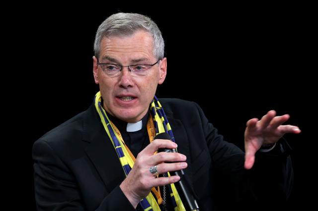 16 May 2026, Bavaria, Wuerzburg: Chairman of the German Bishops' Conference Bishop Heiner Wilmer attends a debate on the Synodal Path at the German Catholic Convention. Photo: Karl-Josef Hildenbrand/dpa - ATTENTION: For editorial use only and only with full reference to the above credit