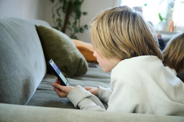 FILED - 21 April 2025, Bavaria, Roth: A boy lies on a sofa and looks at his smartphone. Photo: Annette Riedl/dpa