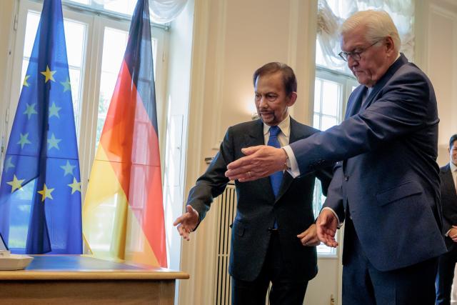 18 May 2026, Berlin: German President Frank-Walter Steinmeier (R) receives the Sultan of Brunei, Hassanal Bolkiah, for talks at Villa Borsig. Photo: Carsten Koall/dpa