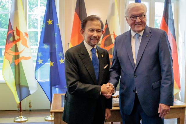 18 May 2026, Berlin: German President Frank-Walter Steinmeier (R) receives the Sultan of Brunei, Hassanal Bolkiah, for talks at Villa Borsig. Photo: Carsten Koall/dpa