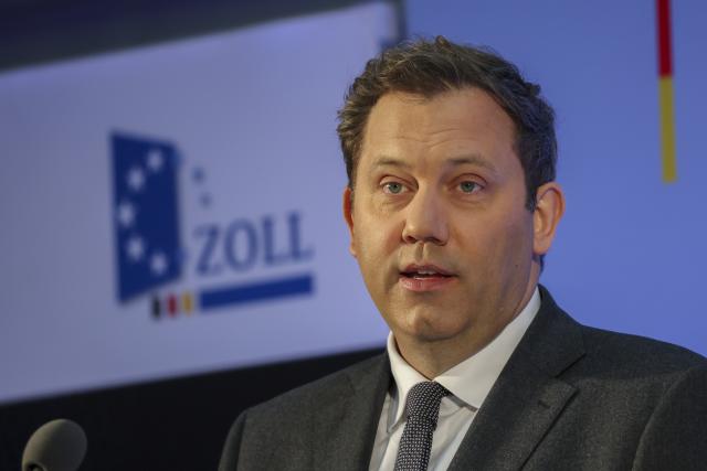 12 May 2026, Schkeuditz: German Minister of Finance Lars Klingbeil speaks during the annual customs press conference at the DHL hub in Leipzig. Photo: Jan Woitas/dpa