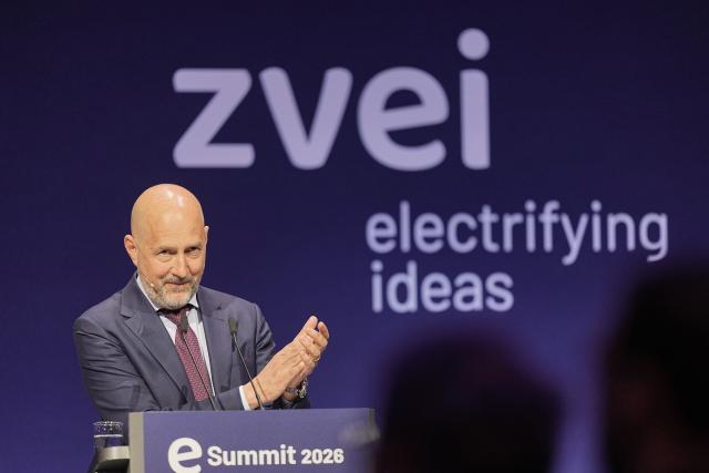 20 May 2026, Berlin: German Electro and Digital Industry Association (ZVEI) President Daniel Hager speaks during the "ZVEI eSummit" conference in Berlin. Photo: Michael Kappeler/dpa