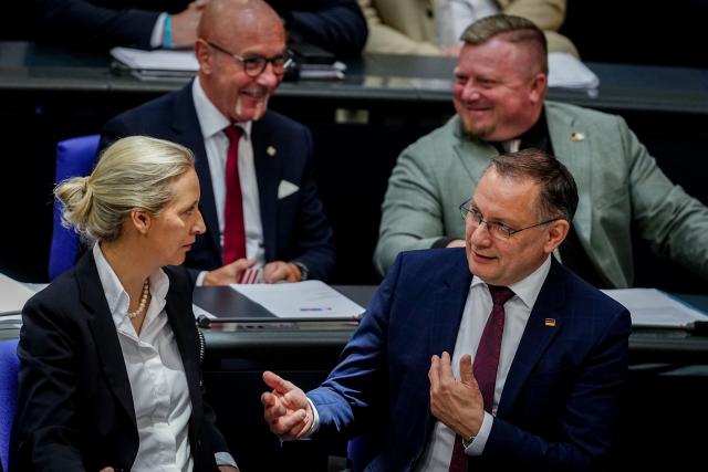 21 May 2026, Berlin: Alternative for Germany (AfD) federal and parliamentary faction leaders Alice Weidel, left, and Tino Chrupalla attend a plenary session of the Bundestag in Berlin. Photo: Kay Nietfeld/dpa