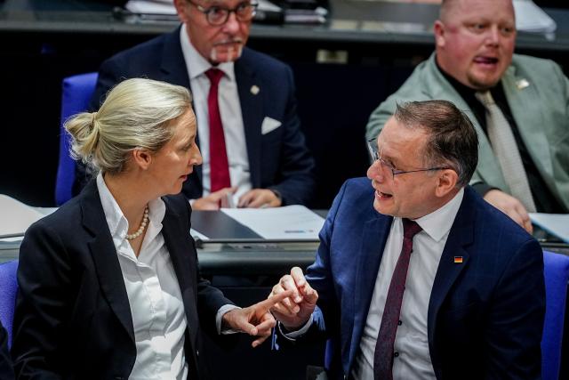 21 May 2026, Berlin: Alternative for Germany (AfD) federal and parliamentary faction leaders Alice Weidel, left, and Tino Chrupalla attend a plenary session of the Bundestag in Berlin. Photo: Kay Nietfeld/dpa