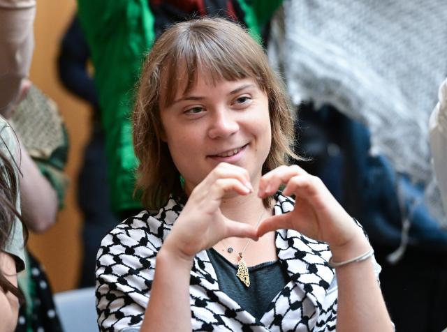 22 May 2026, Baden-Württemberg, Stuttgart: Climate activist Greta Thunberg gestures to the defendants during a trial for an attack against an Israeli arms company . Five pro-Palestine activists are on trial. According to the indictment, they broke into an Israeli arms company in Ulm at night, destroyed inventory, sprayed the walls and caused millions in damage. Photo: Bernd Weißbrod/dpa