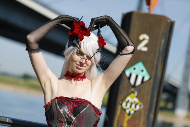 23 May 2026, North Rhine-Westphalia, Duesseldorf: Anne from Herne attends Japan Day dressed as a cosplayer. . Duesseldorf is considered a hub of the Japanese community in Germany. Photo: Thomas Banneyer/dpa
