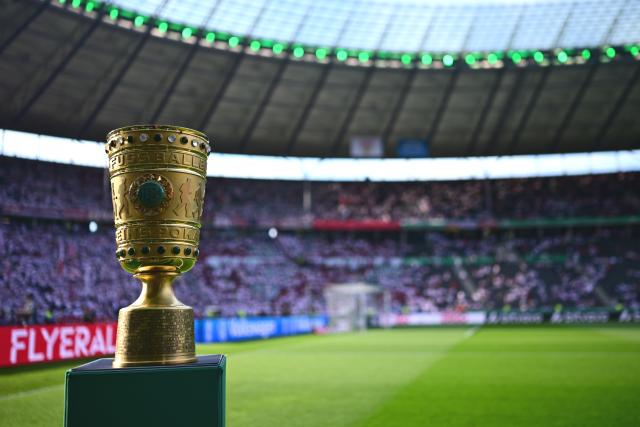 23 May 2026, Berlin: The DFB Cup is on display ahead of the German DFB Cup Final soccer match between Bayern Munich andVfB Stuttgart at Berlin Olympic Stadium. Photo: Sebastian Gollnow/dpa
