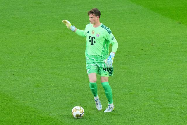 23 May 2026, Berlin: Bayern Munich goalkeeper Jonas Urbig in action during the German DFB Cup Final between Bayern Munich and VfB Stuttgart at the Olympic Stadium in Berlin. Photo: Soeren Stache/dpa