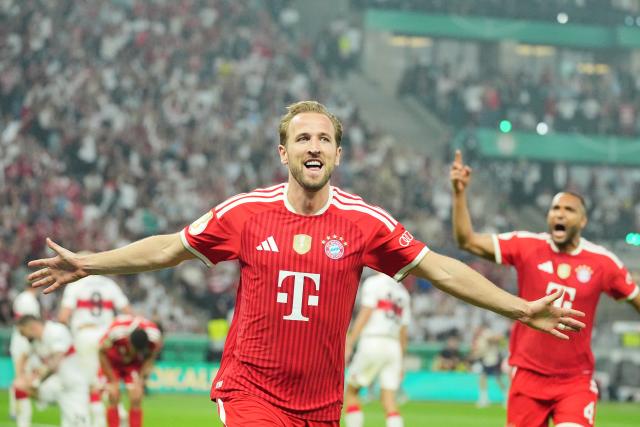 23 May 2026, Berlin: Bayern Munich's Harry Kane celebrates after his side's first goal of the game during the German DFB Cup Final between Bayern Munich and VfB Stuttgart at the Olympic Stadium in Berlin. Photo: Michael Kappeler/dpa