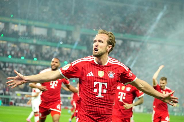 23 May 2026, Berlin: Bayern Munich's Harry Kane (C) celebrates after scoring his side's first goal of the game during the German DFB Cup Final between Bayern Munich and VfB Stuttgart at the Olympic Stadium in Berlin. Photo: Michael Kappeler/dpa