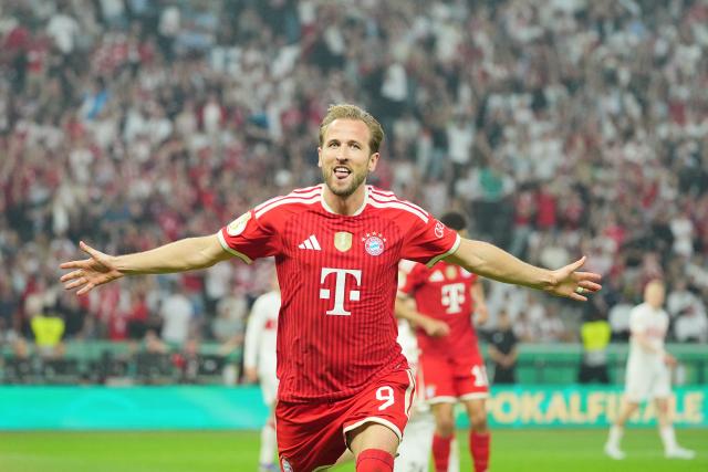 23 May 2026, Berlin: Bayern Munich's Harry Kane celebrates after scoring his side's first goal of the game during the German DFB Cup Final between Bayern Munich and VfB Stuttgart at the Olympic Stadium in Berlin. Photo: Michael Kappeler/dpa