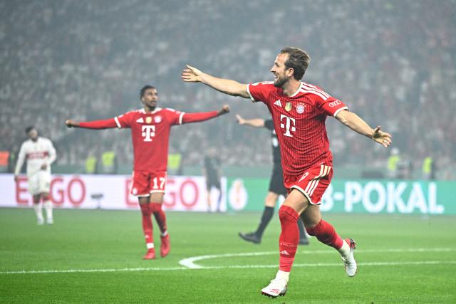 23 May 2026, Berlin: Bayern Munich's Harry Kane (R) celebrates his side's second goal of the game during the German DFB Cup Final between Bayern Munich and VfB Stuttgart at the Olympic Stadium in Berlin. Photo: Tom Weller/dpa