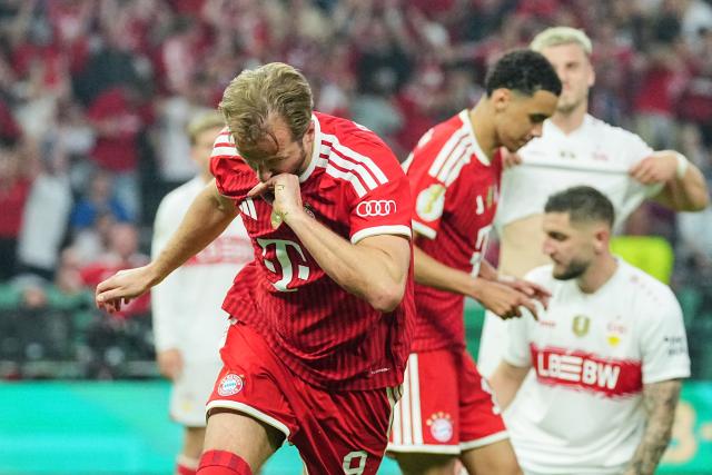 23 May 2026, Berlin: Bayern Munich's Harry Kane celebrates after scoring his side's first goal of the game during the German DFB Cup Final between Bayern Munich and VfB Stuttgart at the Olympic Stadium in Berlin. Photo: Michael Kappeler/dpa