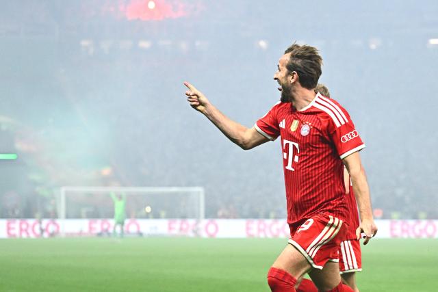23 May 2026, Berlin: Bayern Munich's Harry Kane celebrates after scoring his side's second goal of the game during the German DFB Cup Final between Bayern Munich and VfB Stuttgart at the Olympic Stadium in Berlin. Photo: Tom Weller/dpa