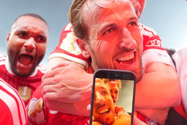 23 May 2026, Berlin: Bayern Munich's Harry Kane (C) celebrates his side's third goal of the game with teammate Joshua Kimmich during the German DFB Cup Final between Bayern Munich and VfB Stuttgart at the Olympic Stadium in Berlin. Photo: Michael Kappeler/dpa