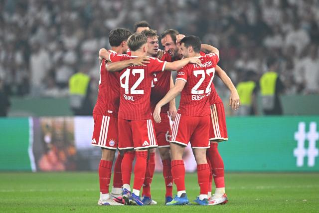 23 May 2026, Berlin: Bayern Munich's Harry Kane (2nd R) celebrates his side's third goal of the game during the German DFB Cup Final between Bayern Munich and VfB Stuttgart at the Olympic Stadium in Berlin. Photo: Tom Weller/dpa
