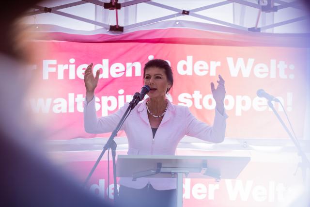 28 May 2026, Berlin: Sahra Wagenknecht, founder of the Sahra Wagenknecht Alliance (BSW) and chair of the BSW's Core Values Commission, speaks at a BSW rally at Lucie-Leydicke-Platz in Berlin-Schoeneberg. Ahead of the Berlin House of Representatives election on September 20, 2026, the BSW is hosting a rally and inviting attendees to join party founder Wagenknecht for a visit to a local pub. Photo: Christoph Soeder/dpa