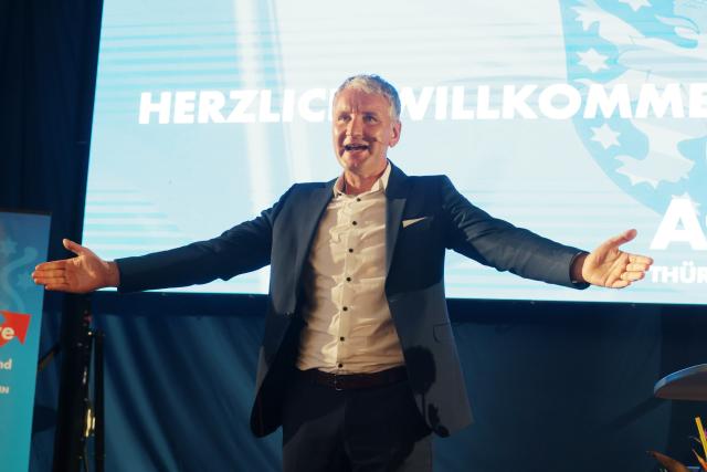29 May 2026, Thuringia, Pfiffelbach: Chairman of the Alternative for Germany (AfD) in Thuringia Bjoern Hoecke speaks at the AfD Thuringia state party convention. Photo: Bodo Schackow/dpa