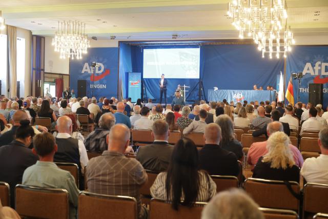 29 May 2026, Thuringia, Pfiffelbach: Chairman of the Alternative for Germany (AfD) in Thuringia Bjoern Hoecke speaks at the AfD Thuringia state party convention. Photo: Bodo Schackow/dpa